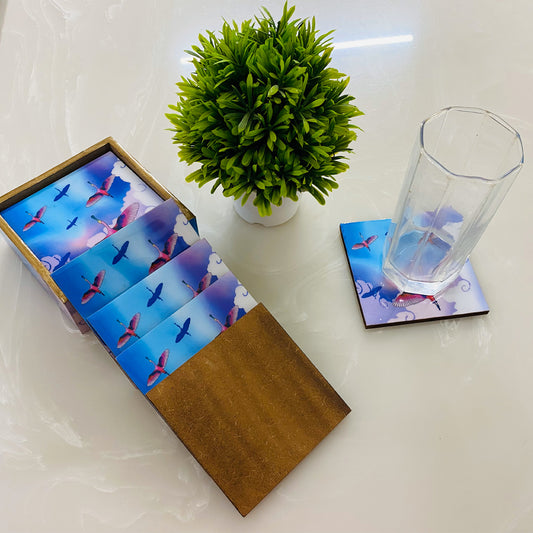 '"Stunning birds in a colourful sky" Artistic Wooden Cutlery-Wooden Tea Coaster I Table ware I Handmade I Home Décor I Meena Print I Size- 4*4 Inch