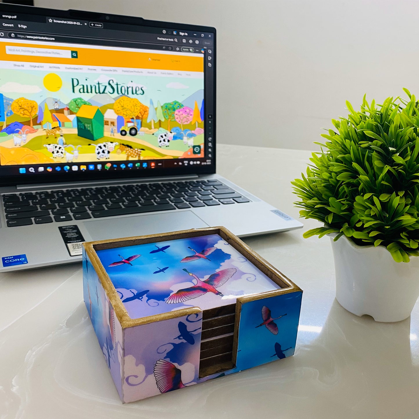 '"Stunning birds in a colourful sky" Artistic Wooden Cutlery-Wooden Tea Coaster I Table ware I Handmade I Home Décor I Meena Print I Size- 4*4 Inch