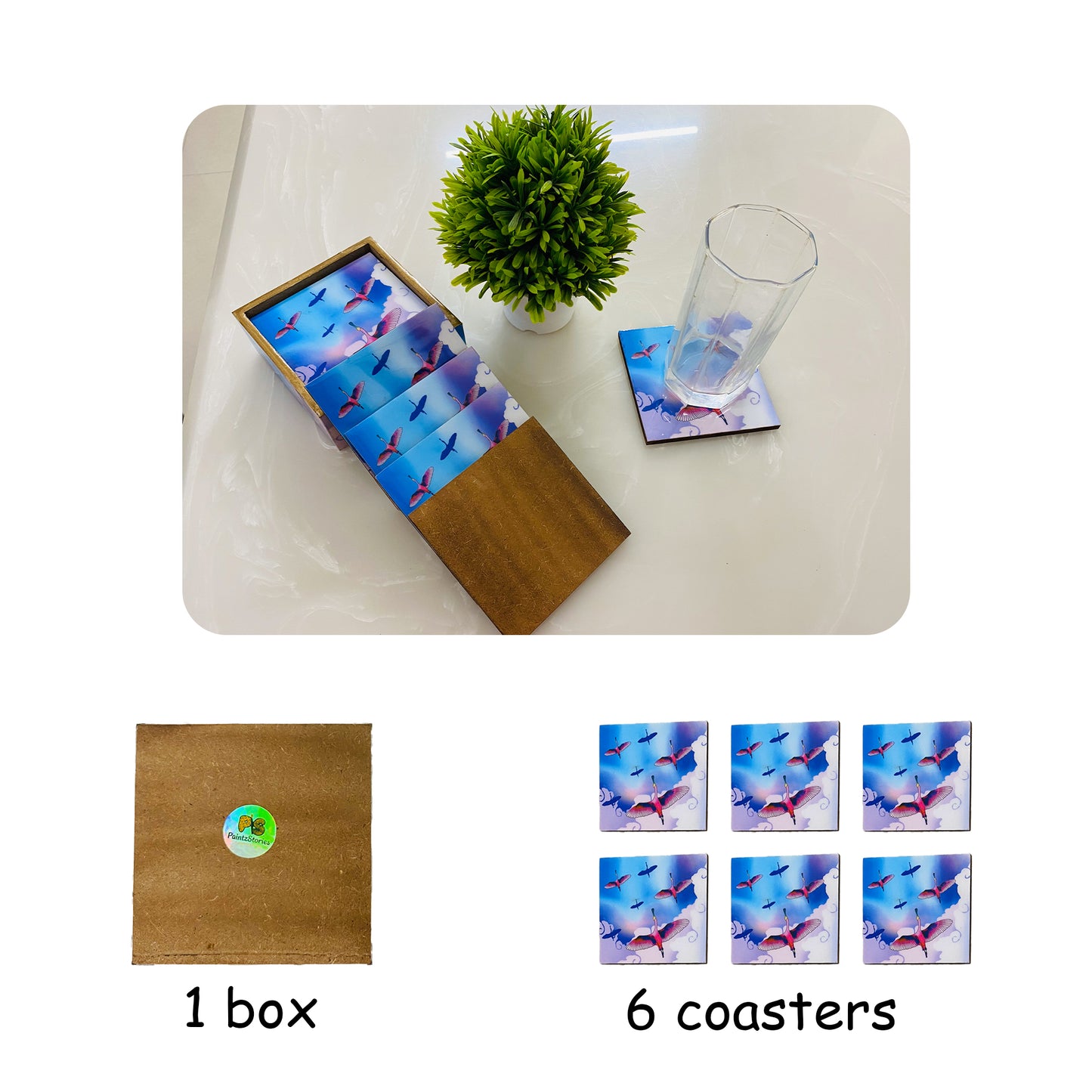 '"Stunning birds in a colourful sky" Artistic Wooden Cutlery-Wooden Tea Coaster I Table ware I Handmade I Home Décor I Meena Print I Size- 4*4 Inch