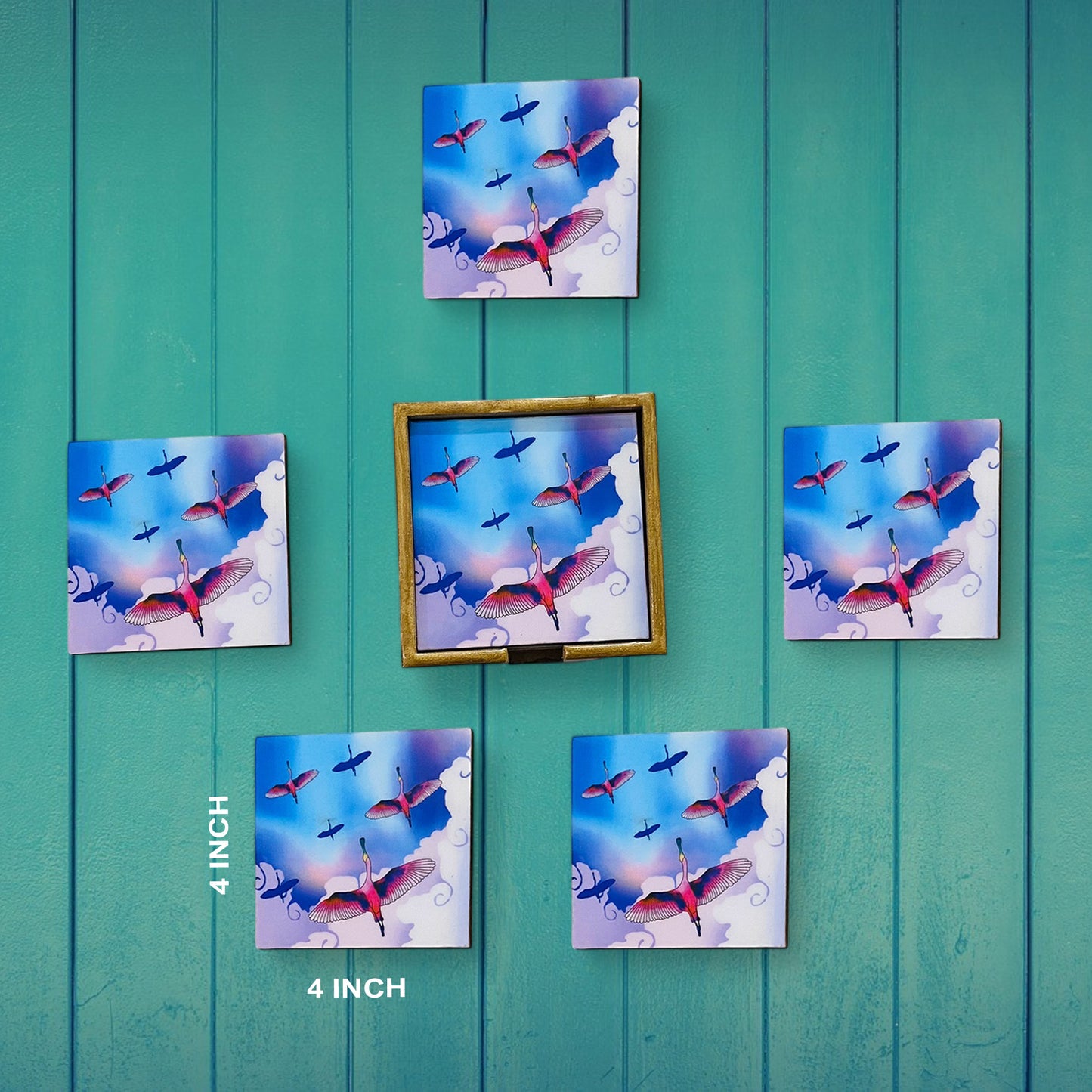 '"Stunning birds in a colourful sky" Artistic Wooden Cutlery-Wooden Tea Coaster I Table ware I Handmade I Home Décor I Meena Print I Size- 4*4 Inch