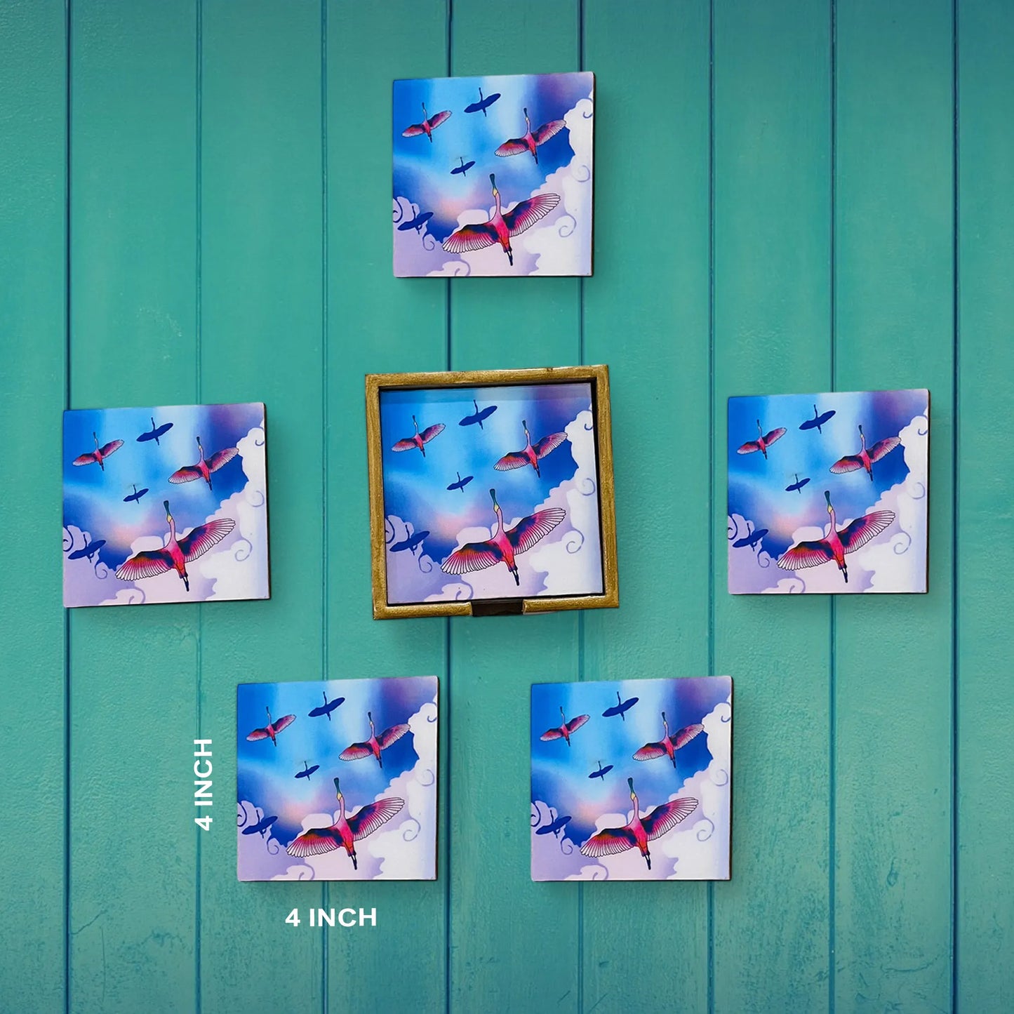 '"Stunning birds in a colourful sky" Artistic Wooden Cutlery-Wooden Tea Coaster I Table ware I Handmade I Home Décor I Meena Print I Size- 4*4 Inch