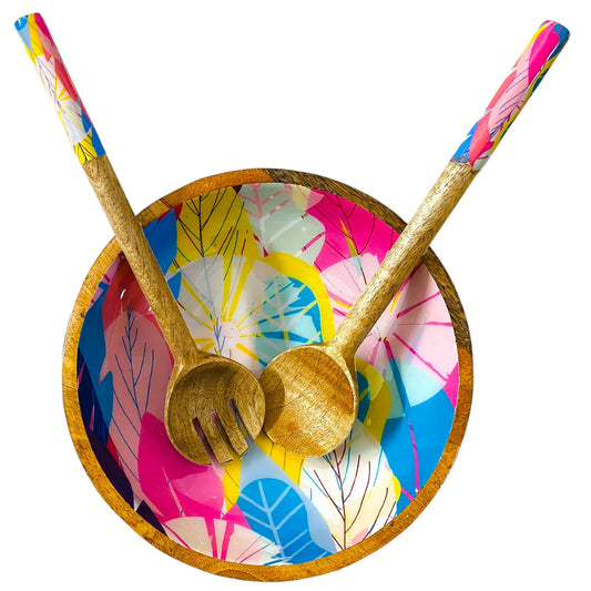 "Cycle of Seasons" Artistic Wooden Cutlery-Big Bowl with Serving Spoons I Dine ware I Living Room Décor I Meena Print I Decorative I Size-10*10*3 Inch