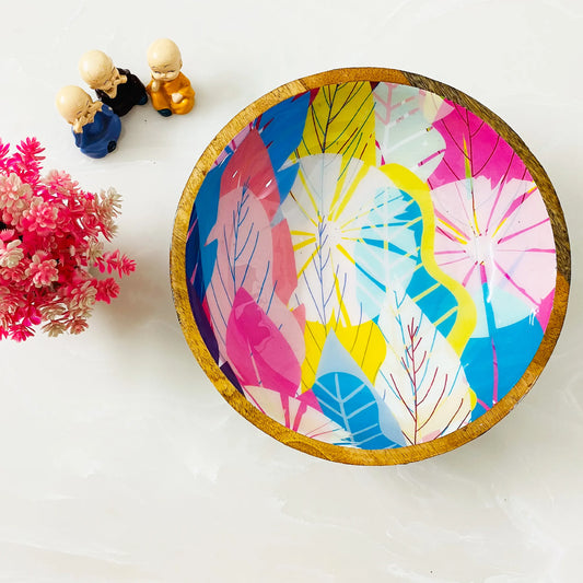 "Cycle of Seasons" Artistic Wooden Cutlery-Big Bowl with Serving Spoons I Dine ware I Living Room Décor I Meena Print I Decorative I Size-10*10*3 Inch