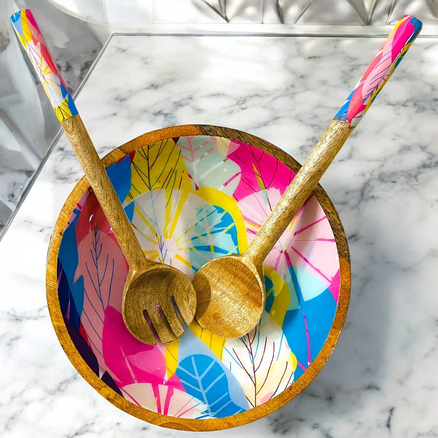 "Cycle of Seasons" Artistic Wooden Cutlery-Big Bowl with Serving Spoons I Dine ware I Living Room Décor I Meena Print I Decorative I Size-10*10*3 Inch