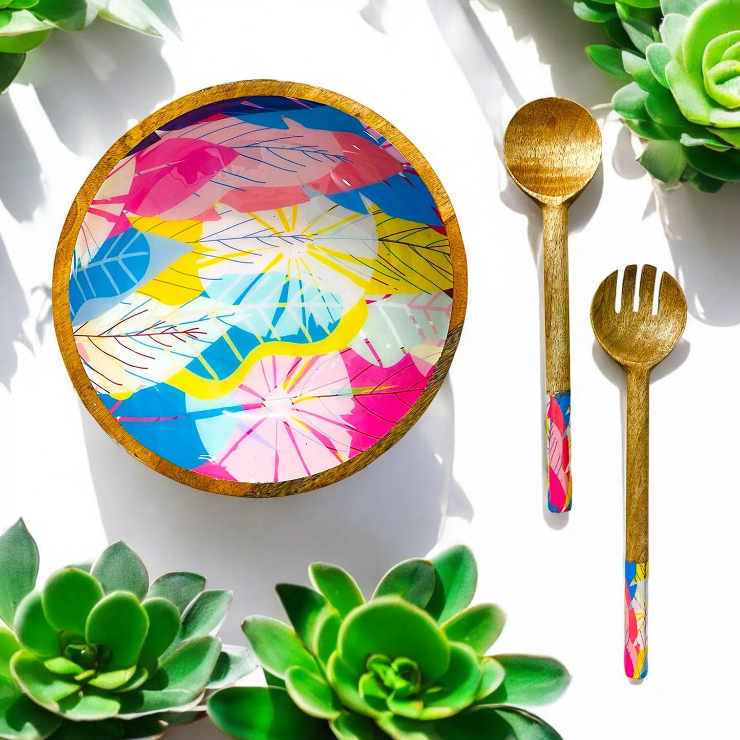 "Cycle of Seasons" Artistic Wooden Cutlery-Big Bowl with Serving Spoons I Dine ware I Living Room Décor I Meena Print I Decorative I Size-10*10*3 Inch