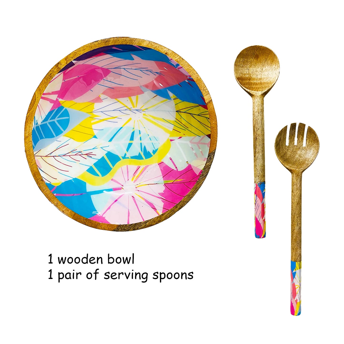 "Cycle of Seasons" Artistic Wooden Cutlery-Big Bowl with Serving Spoons I Dine ware I Living Room Décor I Meena Print I Decorative I Size-10*10*3 Inch