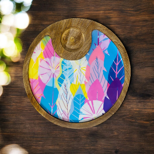 "Cycle of Seasons" Artistic Wooden Cutlery-Circular Platter with Wooden Bowl I Table ware I Hand Crafted I Decorative I Meena Print I Size-10*10 Inch