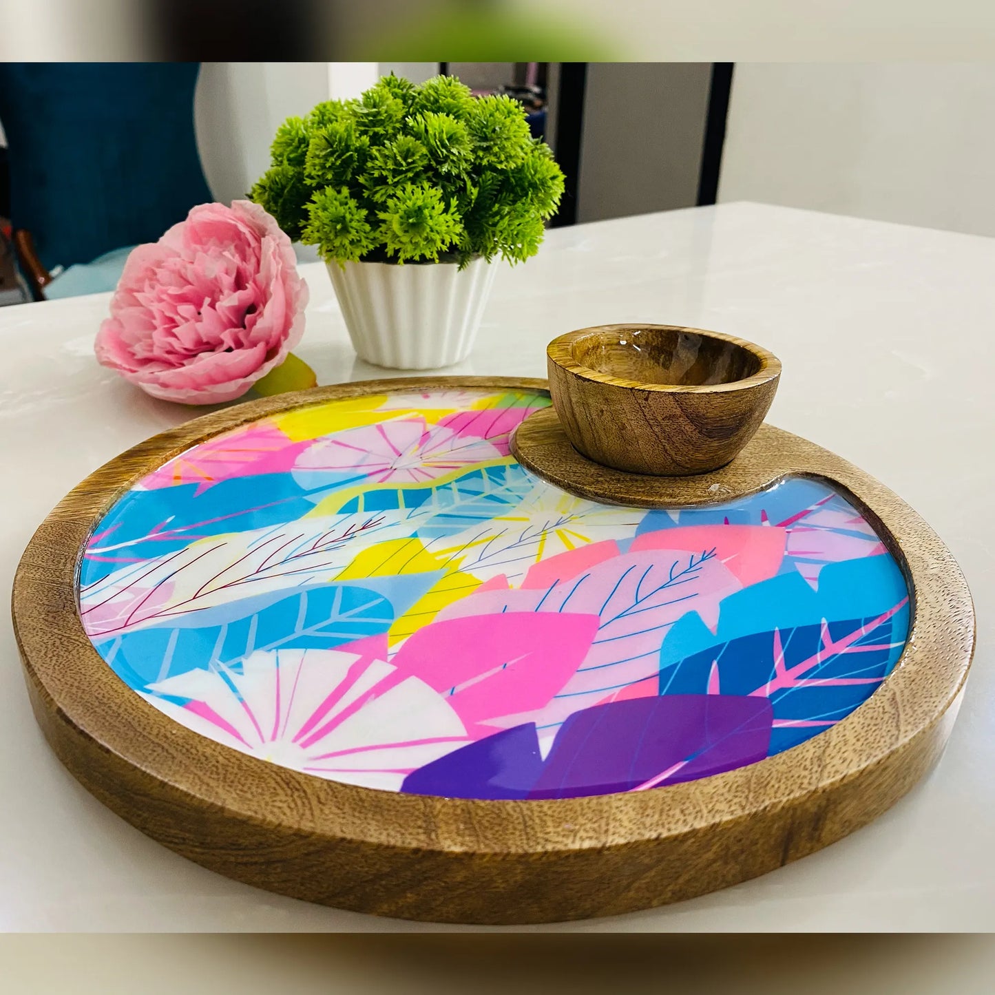 "Cycle of Seasons" Artistic Wooden Cutlery-Circular Platter with Wooden Bowl I Table ware I Hand Crafted I Decorative I Meena Print I Size-10*10 Inch