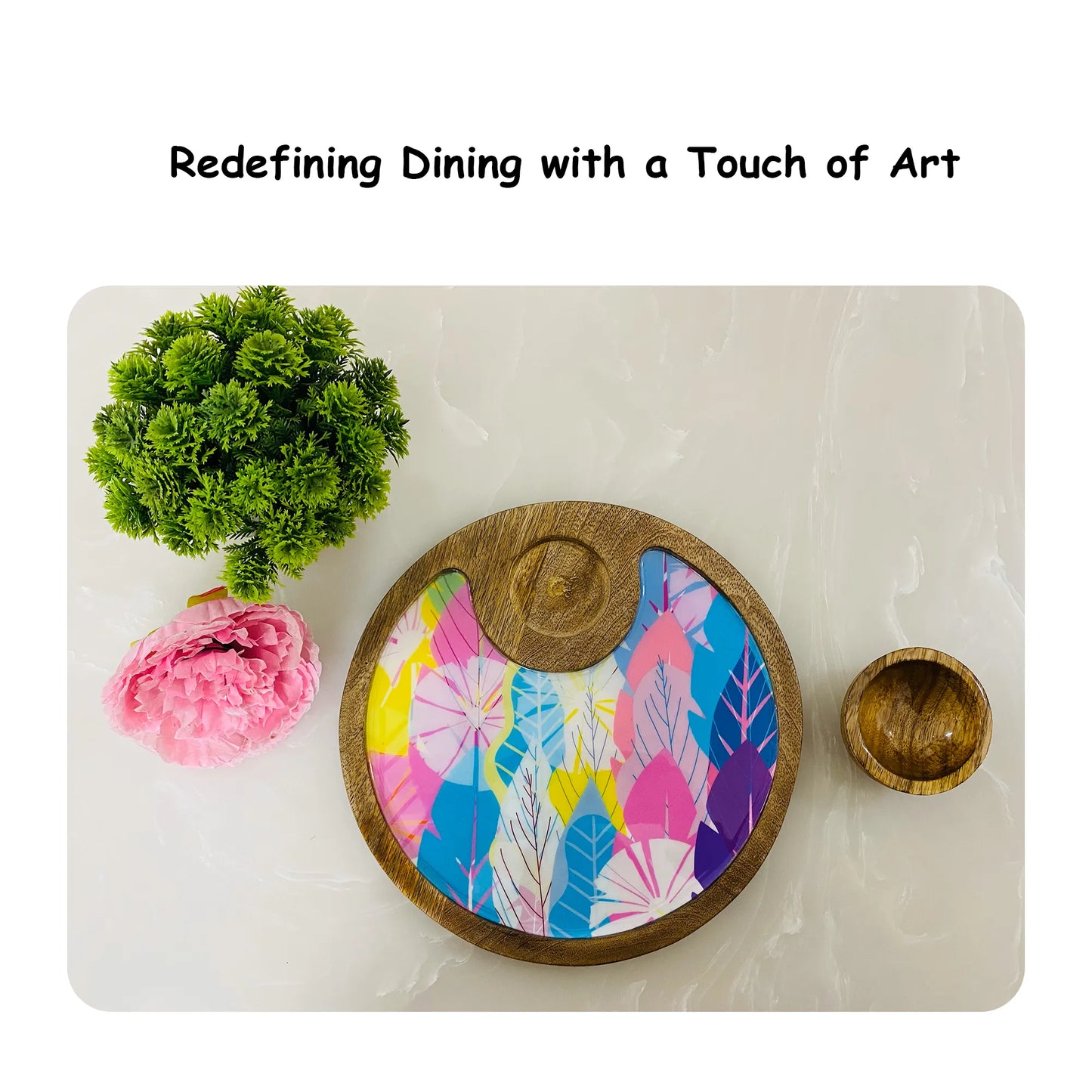 "Cycle of Seasons" Artistic Wooden Cutlery-Circular Platter with Wooden Bowl I Table ware I Hand Crafted I Decorative I Meena Print I Size-10*10 Inch