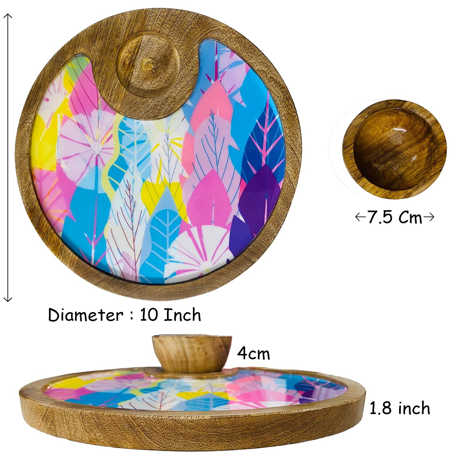 "Cycle of Seasons" Artistic Wooden Cutlery-Circular Platter with Wooden Bowl I Table ware I Hand Crafted I Decorative I Meena Print I Size-10*10 Inch