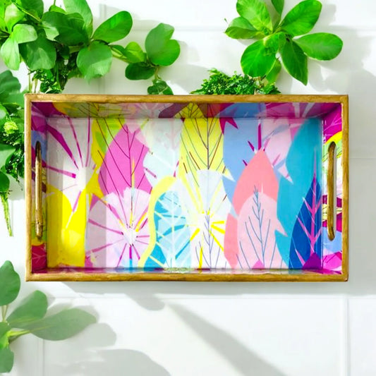 "Cycle of Seasons" Artistic Wooden Cutlery-Rectangular Tray- Large I Serve ware I Hand Crafted I Decorative I Meena Print I Gift I Size-16*10*2 Inch