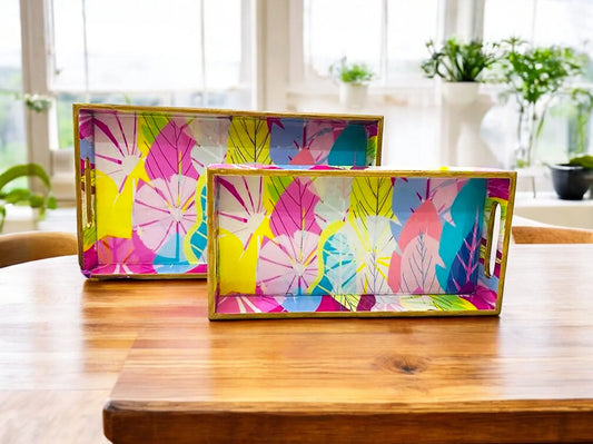 "Cycle of Seasons" Artistic Wooden Cutlery-Rectangular Tray- Set of 2 I Serve ware I Home Décor I Decorative I Meena I Size-12*6*2 & 14*8*2 Inch