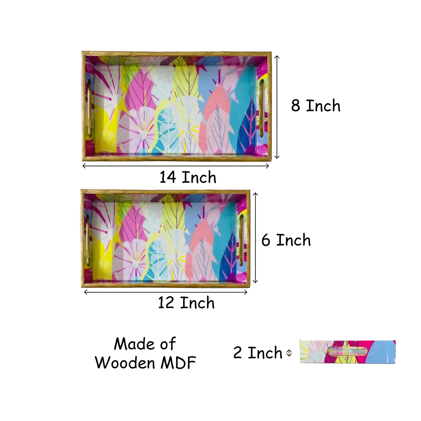 "Cycle of Seasons" Artistic Wooden Cutlery-Rectangular Tray- Set of 2 I Serve ware I Home Décor I Decorative I Meena I Size-12*6*2 & 14*8*2 Inch