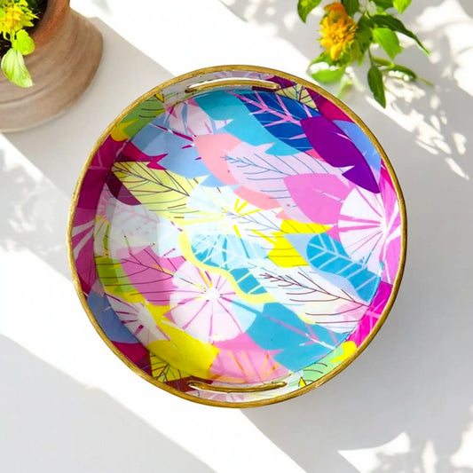 "Cycle of Seasons" Artistic Wooden Cutlery-Round Tray Large I Serve ware I Hand Crafted I Living Room Décor I Meena Print I Gift I Size-12*12*2 Inch