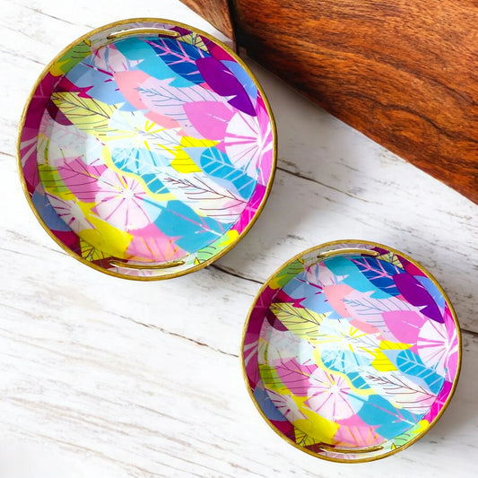 "Cycle of Seasons" Artistic Wooden Cutlery-Round Trays (Set of 2) I Serve ware I Handmade I Decorative I Meena Print I Size-10*10*2 & 12*12*2 Inch