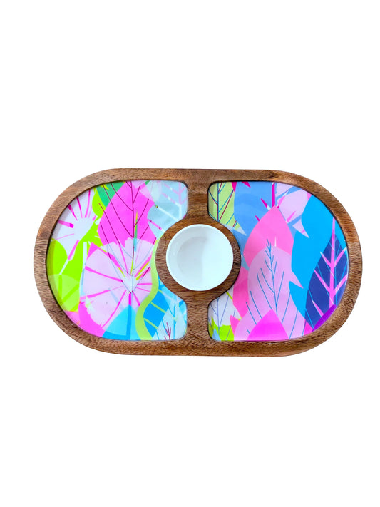 "Cycle of Seasons" Artistic Wooden Cutlery-Round Platter with Ceramic Bowl I Dine ware I Hand Crafted I Decorative I Meena Print I Size-14*8 Inch