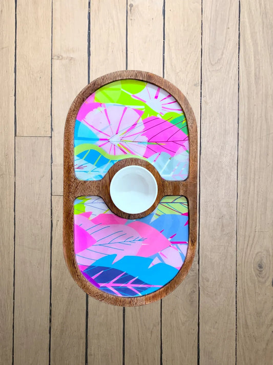 "Cycle of Seasons" Artistic Wooden Cutlery-Round Platter with Ceramic Bowl I Dine ware I Hand Crafted I Decorative I Meena Print I Size-14*8 Inch