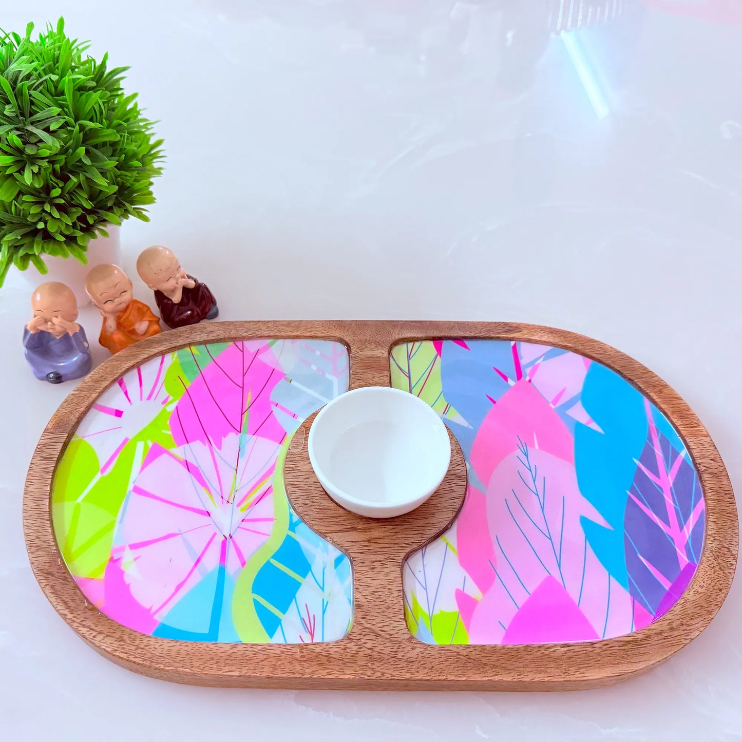 "Cycle of Seasons" Artistic Wooden Cutlery-Round Platter with Ceramic Bowl I Dine ware I Hand Crafted I Decorative I Meena Print I Size-14*8 Inch