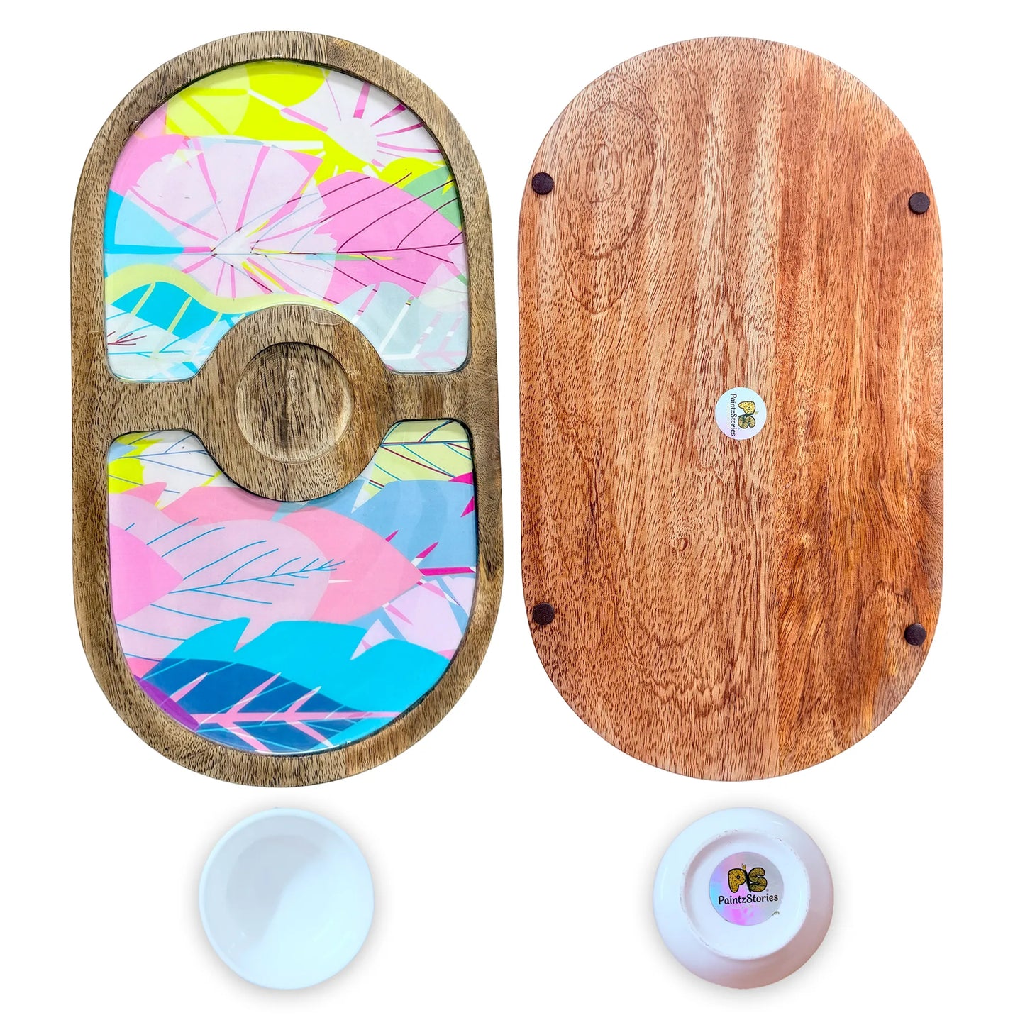 "Cycle of Seasons" Artistic Wooden Cutlery-Round Platter with Ceramic Bowl I Dine ware I Hand Crafted I Decorative I Meena Print I Size-14*8 Inch