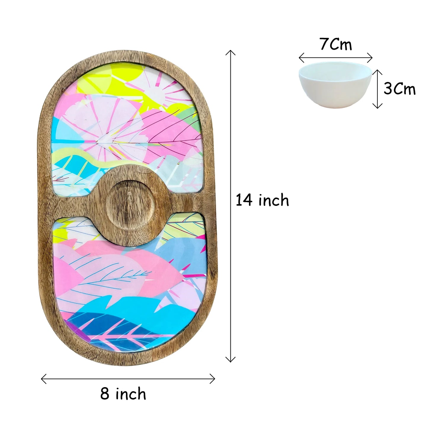 "Cycle of Seasons" Artistic Wooden Cutlery-Round Platter with Ceramic Bowl I Dine ware I Hand Crafted I Decorative I Meena Print I Size-14*8 Inch