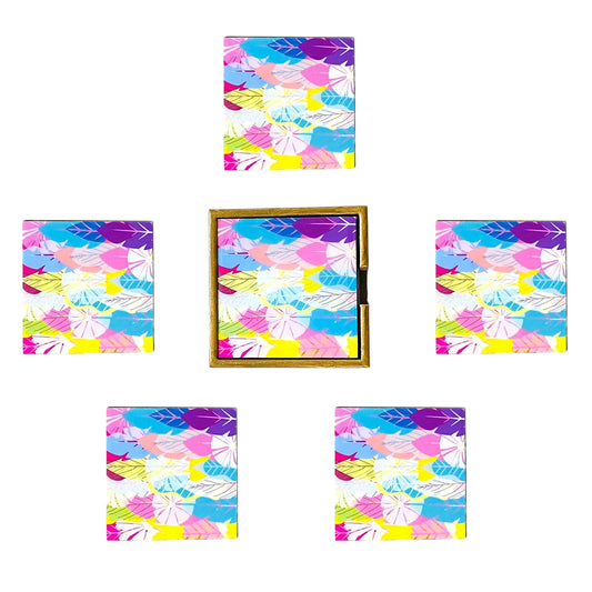 "Cycle of Seasons" Artistic Wooden Cutlery - Wooden Tea Coaster I Table ware I Hand Crafted I Home Décor I Decorative I Meena Print I Size- 4*4 Inch