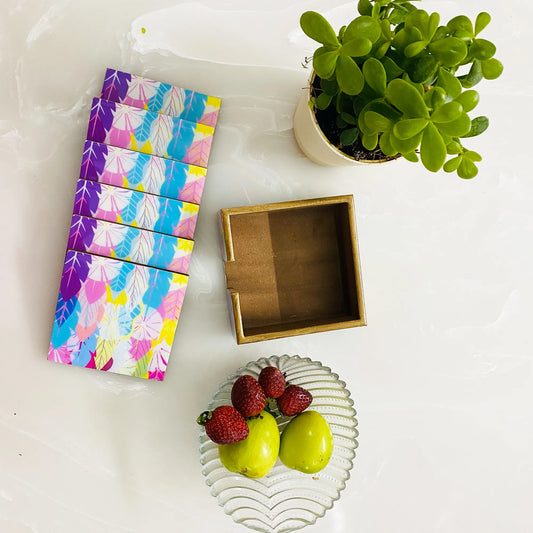 "Cycle of Seasons" Artistic Wooden Cutlery - Wooden Tea Coaster I Table ware I Hand Crafted I Home Décor I Decorative I Meena Print I Size- 4*4 Inch