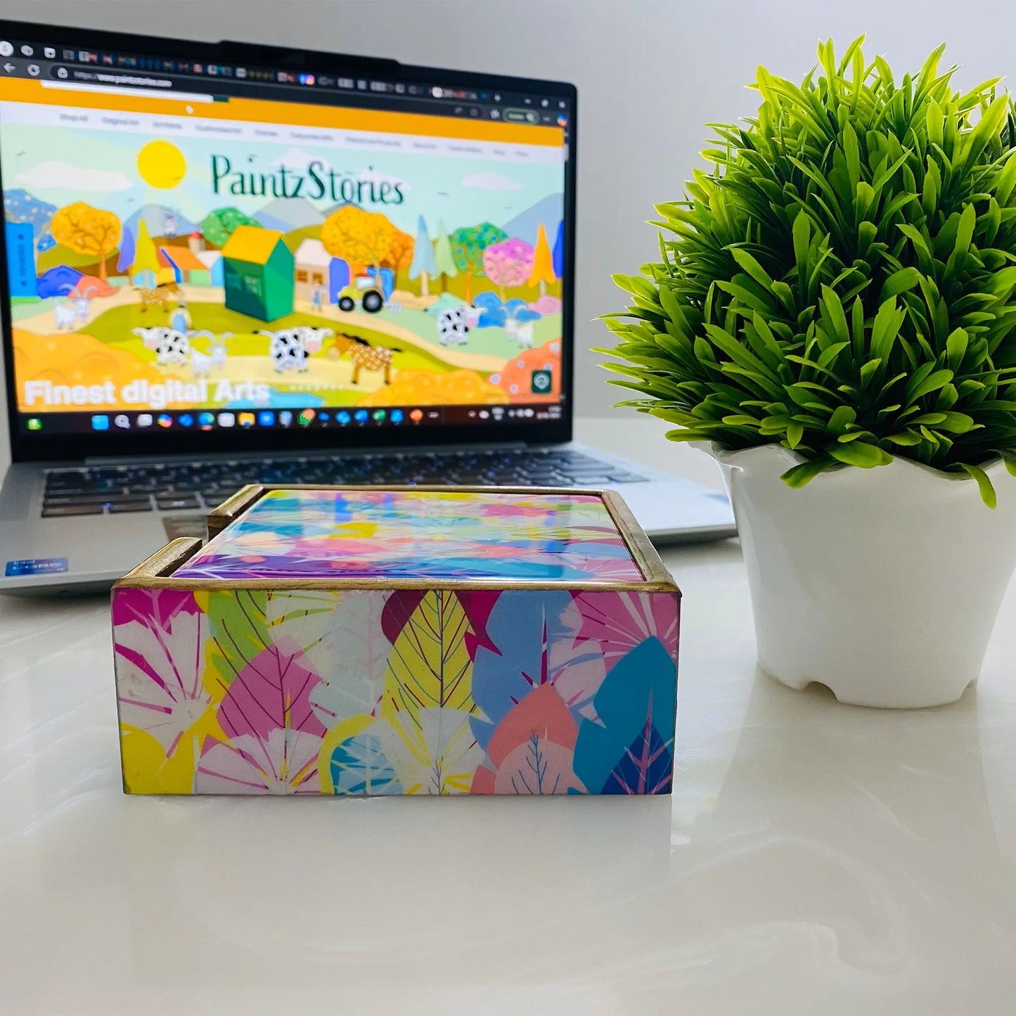 "Cycle of Seasons" Artistic Wooden Cutlery - Wooden Tea Coaster I Table ware I Hand Crafted I Home Décor I Decorative I Meena Print I Size- 4*4 Inch