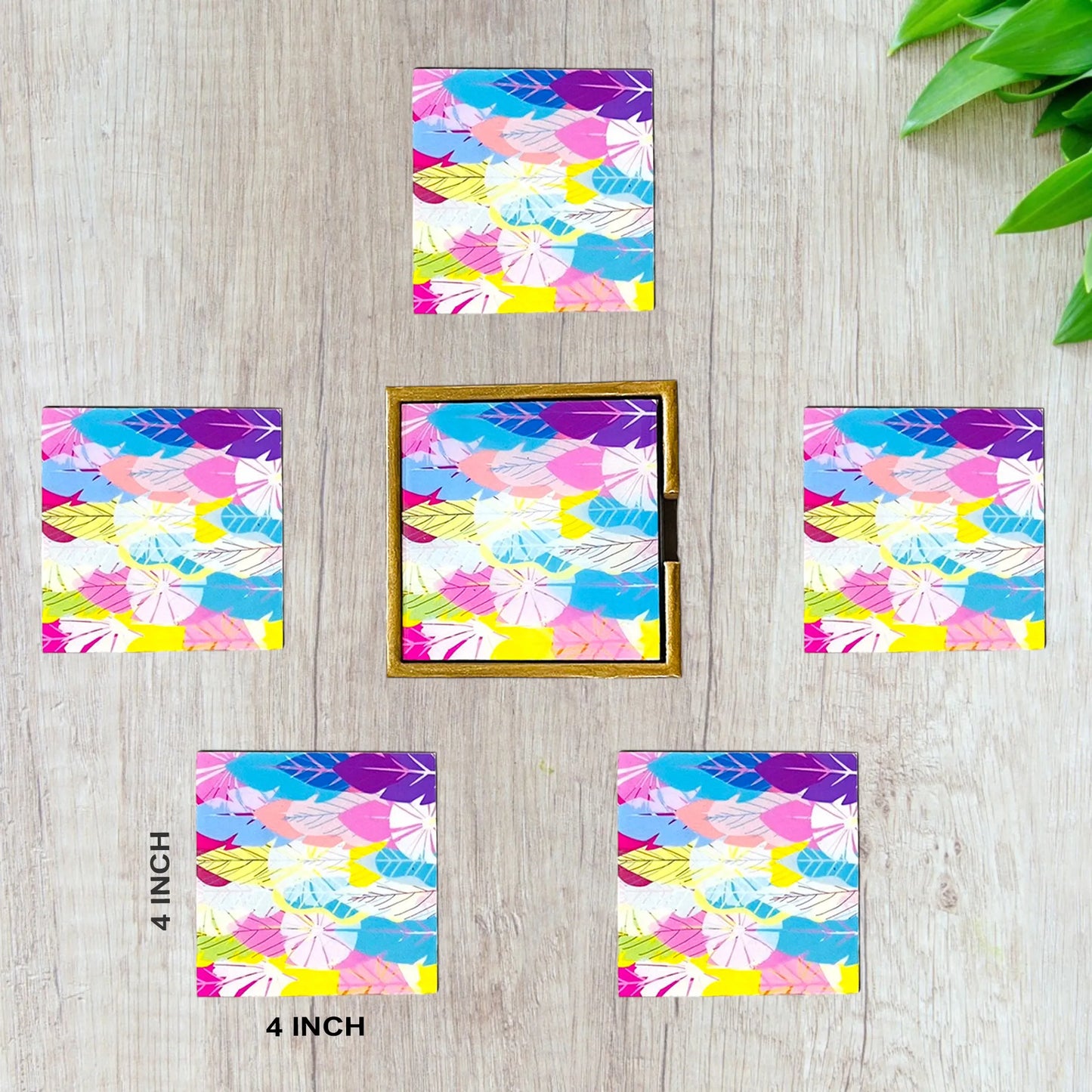 "Cycle of Seasons" Artistic Wooden Cutlery - Wooden Tea Coaster I Table ware I Hand Crafted I Home Décor I Decorative I Meena Print I Size- 4*4 Inch