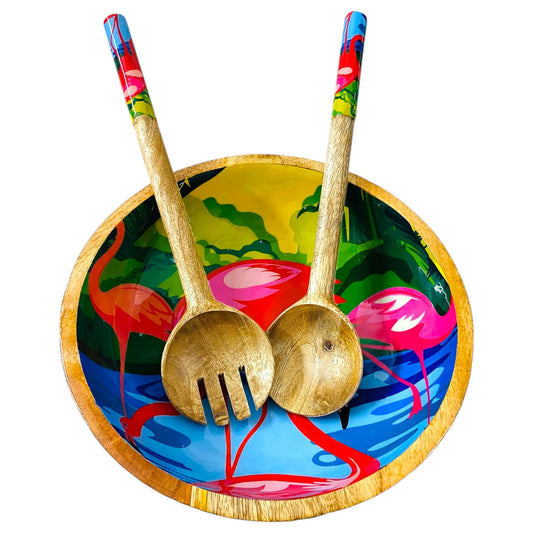 "Flamingo Elegance" Artistic Wooden Cutlery - Big Bowl with Serving Spoons I Dine ware I Hand Crafted I Living Room Décor I Gift I Size-10*10*3 Inch