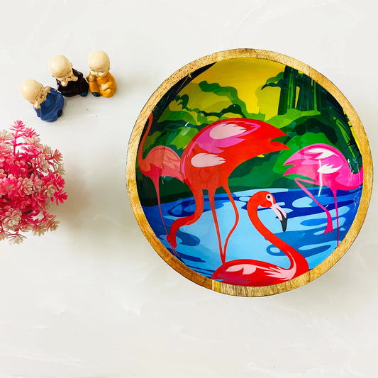 "Flamingo Elegance" Artistic Wooden Cutlery - Big Bowl with Serving Spoons I Dine ware I Hand Crafted I Living Room Décor I Gift I Size-10*10*3 Inch