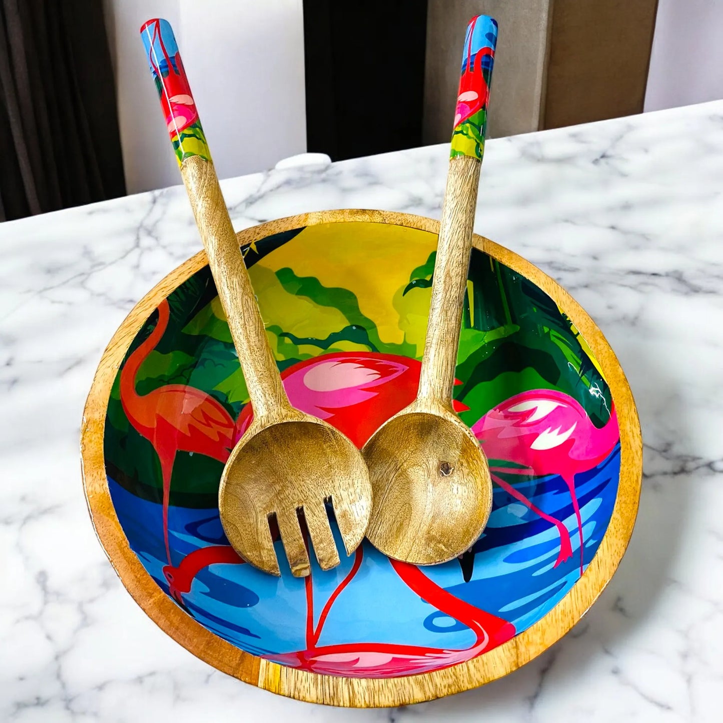 "Flamingo Elegance" Artistic Wooden Cutlery - Big Bowl with Serving Spoons I Dine ware I Hand Crafted I Living Room Décor I Gift I Size-10*10*3 Inch