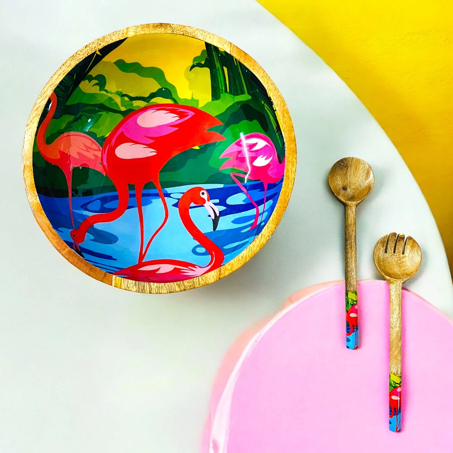 "Flamingo Elegance" Artistic Wooden Cutlery - Big Bowl with Serving Spoons I Dine ware I Hand Crafted I Living Room Décor I Gift I Size-10*10*3 Inch