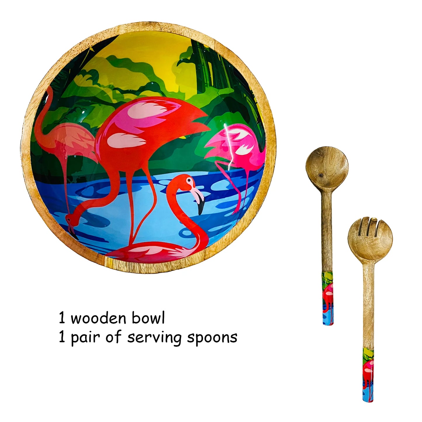 "Flamingo Elegance" Artistic Wooden Cutlery - Big Bowl with Serving Spoons I Dine ware I Hand Crafted I Living Room Décor I Gift I Size-10*10*3 Inch