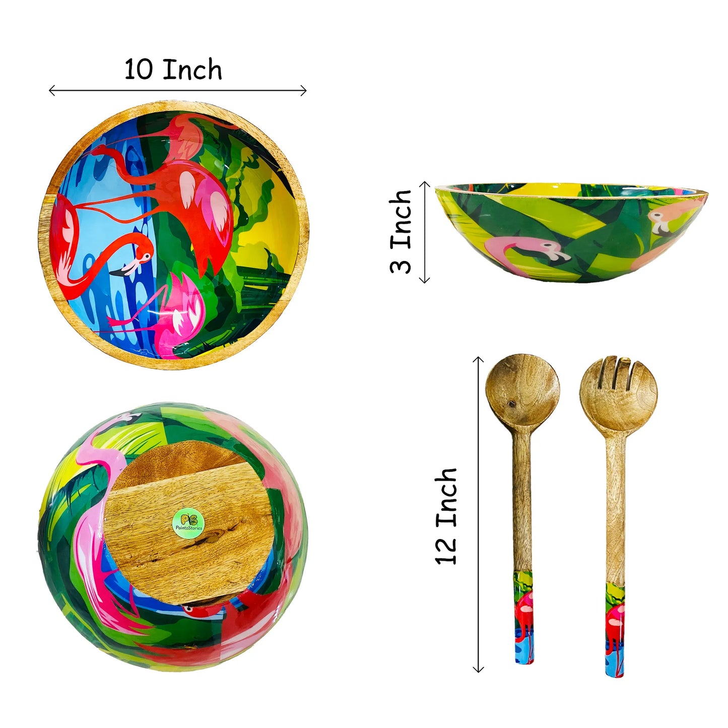 "Flamingo Elegance" Artistic Wooden Cutlery - Big Bowl with Serving Spoons I Dine ware I Hand Crafted I Living Room Décor I Gift I Size-10*10*3 Inch