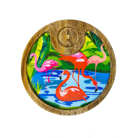 "Flamingo Elegance" Artistic Wooden Cutlery-Circular Platter with Wooden Bowl I Table ware I Handmade I Decorative I Meena Print I Size-10*10 Inch