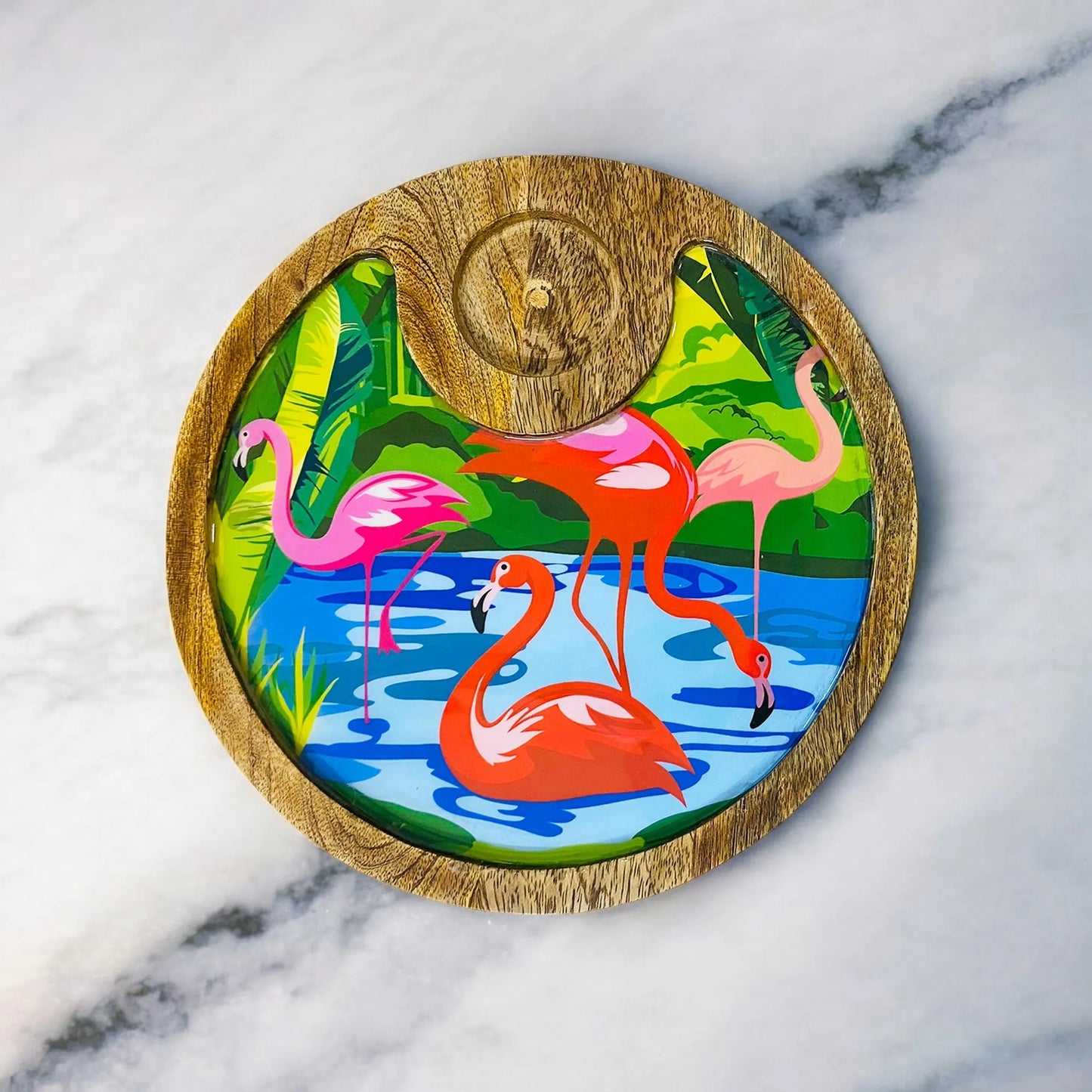 "Flamingo Elegance" Artistic Wooden Cutlery-Circular Platter with Wooden Bowl I Table ware I Handmade I Decorative I Meena Print I Size-10*10 Inch