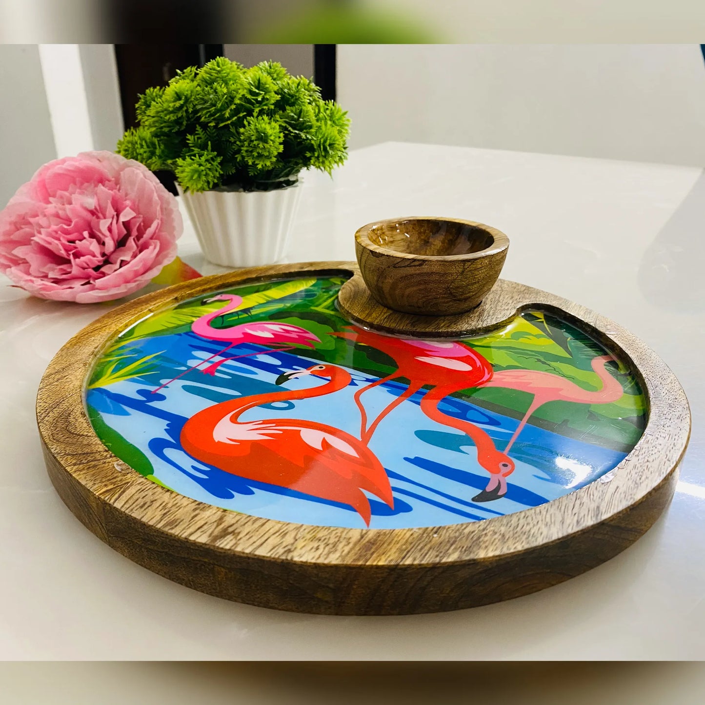 "Flamingo Elegance" Artistic Wooden Cutlery-Circular Platter with Wooden Bowl I Table ware I Handmade I Decorative I Meena Print I Size-10*10 Inch