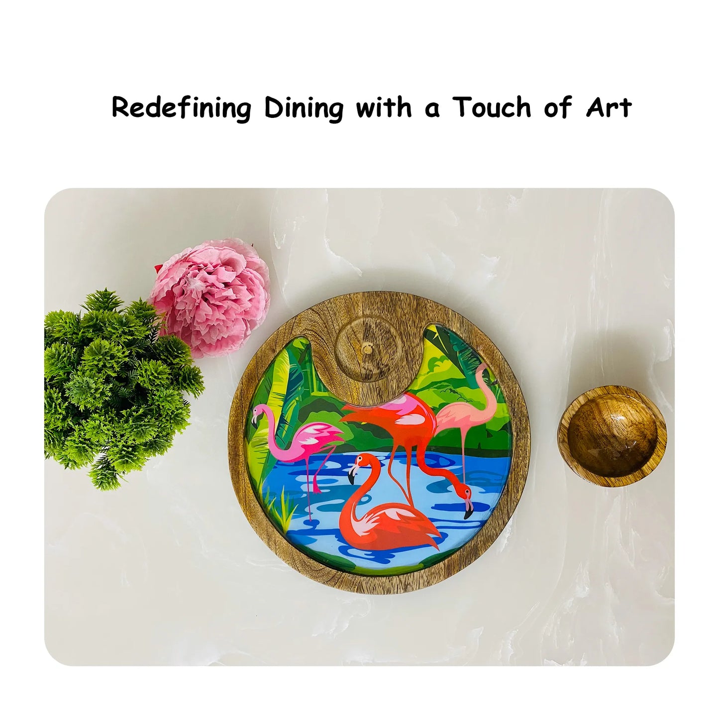 "Flamingo Elegance" Artistic Wooden Cutlery-Circular Platter with Wooden Bowl I Table ware I Handmade I Decorative I Meena Print I Size-10*10 Inch