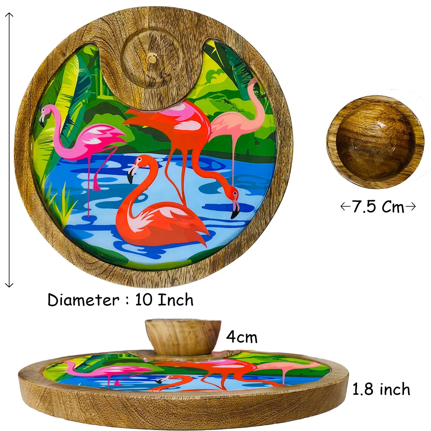 "Flamingo Elegance" Artistic Wooden Cutlery-Circular Platter with Wooden Bowl I Table ware I Handmade I Decorative I Meena Print I Size-10*10 Inch