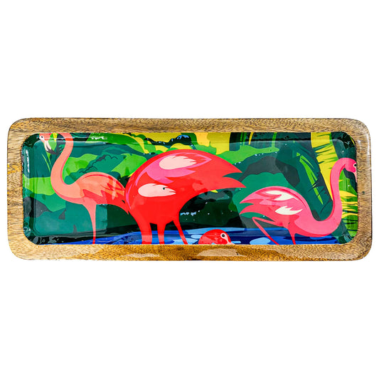 "Flamingo Elegance" Artistic Wooden Cutlery-Rectangular Platter I Serve ware I Hand Crafted I Living Room Décor I Meena Print I Size-13*5 Inch