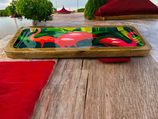 "Flamingo Elegance" Artistic Wooden Cutlery-Rectangular Platter I Serve ware I Hand Crafted I Living Room Décor I Meena Print I Size-13*5 Inch