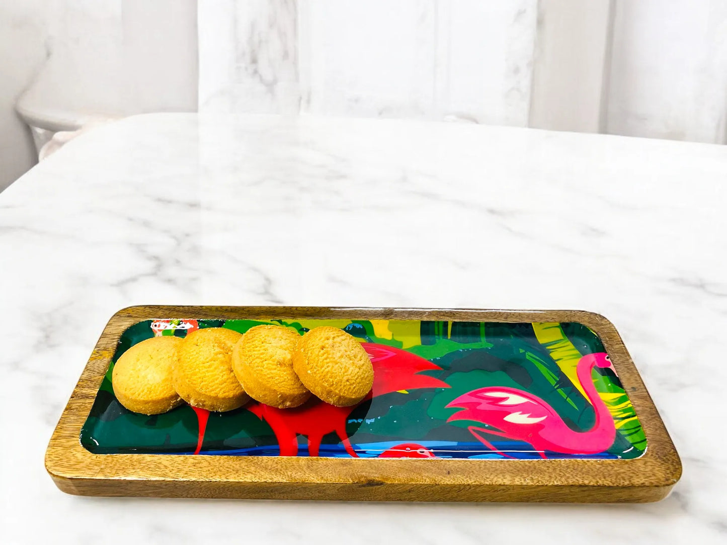 "Flamingo Elegance" Artistic Wooden Cutlery-Rectangular Platter I Serve ware I Hand Crafted I Living Room Décor I Meena Print I Size-13*5 Inch