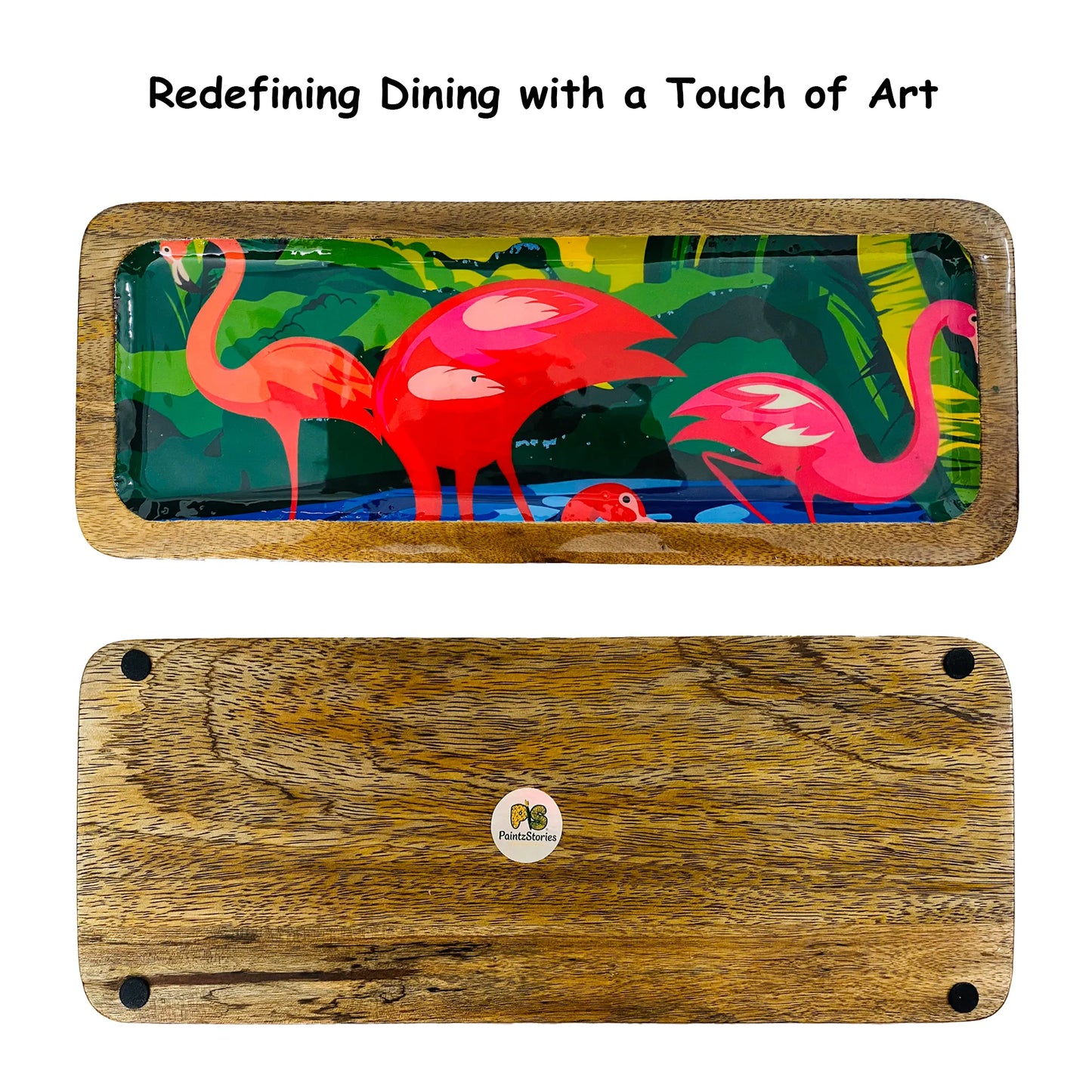 "Flamingo Elegance" Artistic Wooden Cutlery-Rectangular Platter I Serve ware I Hand Crafted I Living Room Décor I Meena Print I Size-13*5 Inch