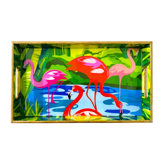 "Flamingo Elegance" Artistic Wooden Cutlery-Rectangular Tray- Large I Serve ware I Hand Crafted I Decorative I Meena Print I Gift I Size-16*10*2 Inch