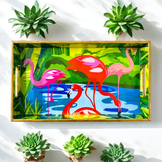 "Flamingo Elegance" Artistic Wooden Cutlery-Rectangular Tray- Large I Serve ware I Hand Crafted I Decorative I Meena Print I Gift I Size-16*10*2 Inch