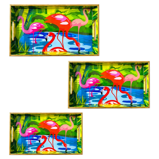 "Flamingo Elegance" Artistic Wooden Cutlery-Rectangular Trays (Set of 3) I Serve ware I Hand crafted I Meena I Size-12*6*2,14*8*2 & 16*10*2 Inch