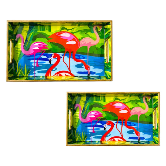 "Flamingo Elegance" Artistic Wooden Cutlery-Rectangular Tray- Set of 2 I Serve ware I Hand Crafted I Decorative I Gift I Size-12*6*2 & 14*8*2 Inch