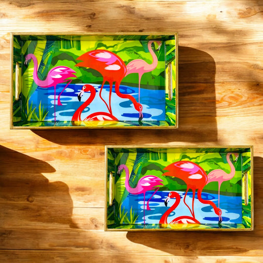 "Flamingo Elegance" Artistic Wooden Cutlery-Rectangular Tray- Set of 2 I Serve ware I Hand Crafted I Decorative I Gift I Size-12*6*2 & 14*8*2 Inch