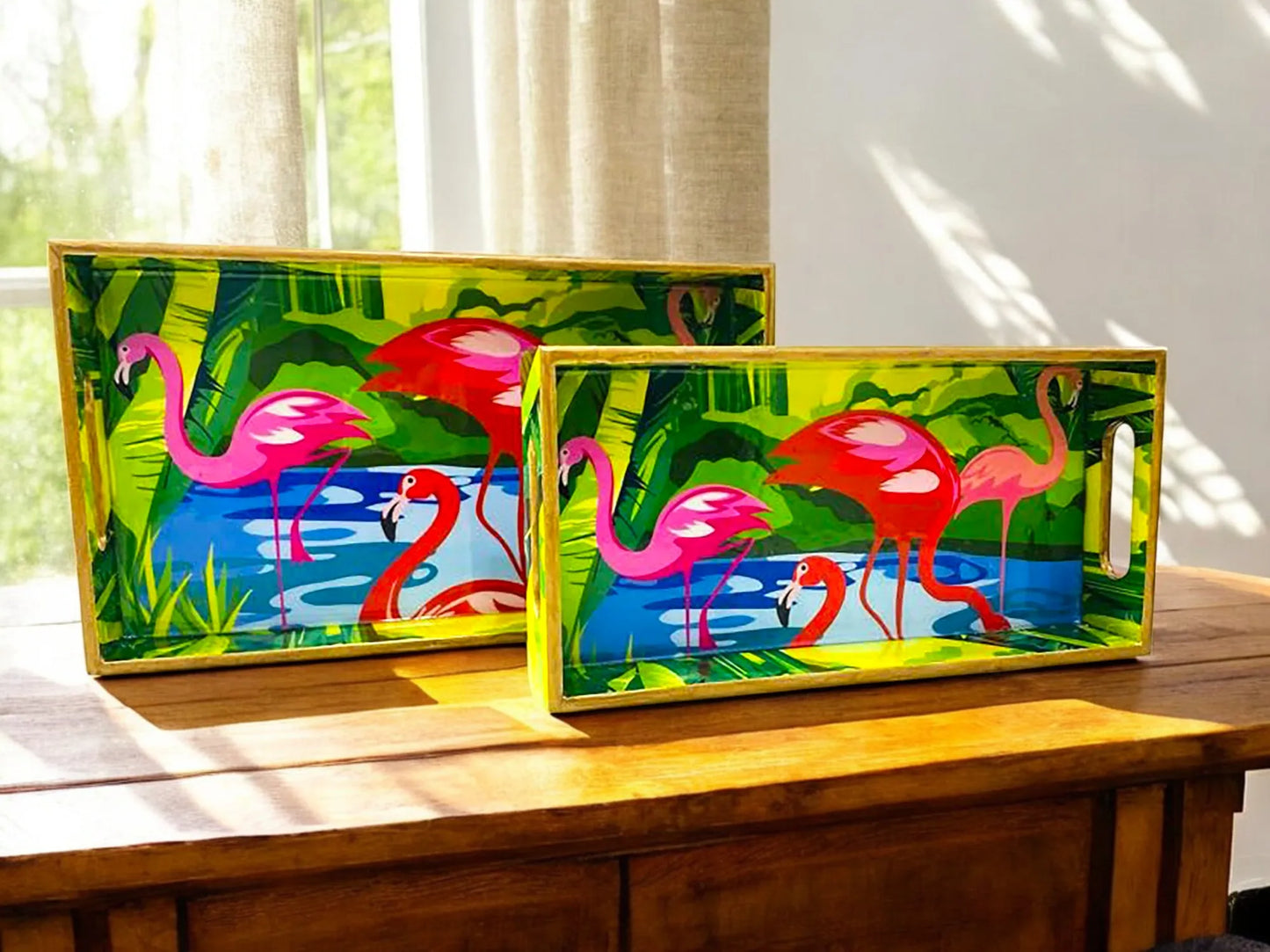 "Flamingo Elegance" Artistic Wooden Cutlery-Rectangular Tray- Set of 2 I Serve ware I Hand Crafted I Decorative I Gift I Size-12*6*2 & 14*8*2 Inch