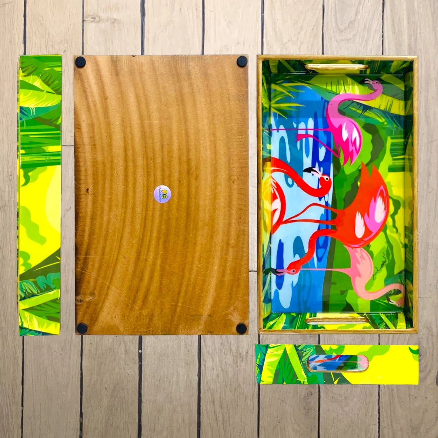 "Flamingo Elegance" Artistic Wooden Cutlery-Rectangular Tray- Set of 2 I Serve ware I Hand Crafted I Decorative I Gift I Size-12*6*2 & 14*8*2 Inch
